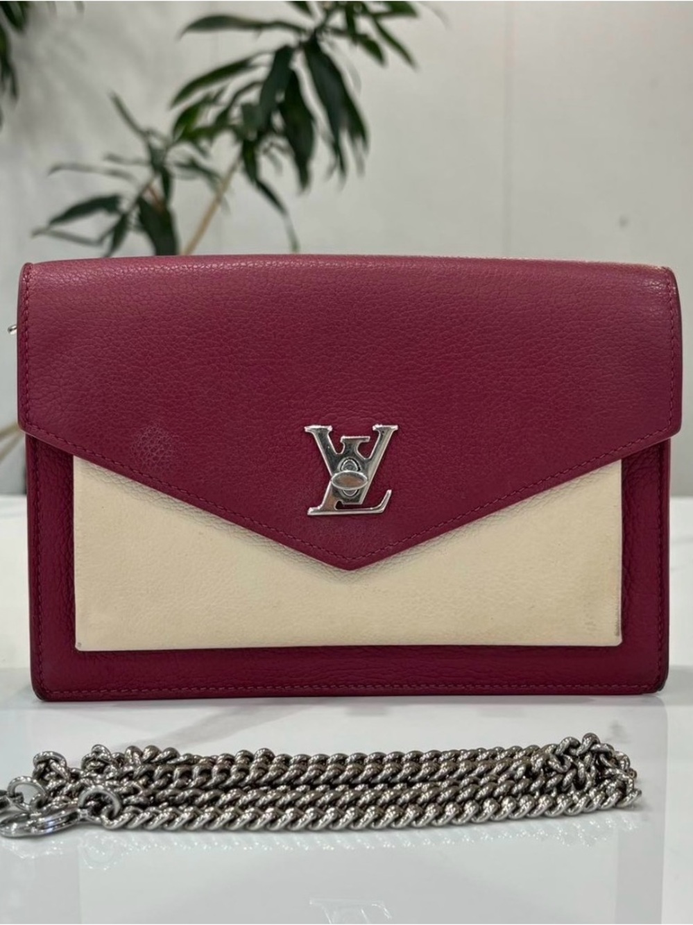 Louis Vuitton Burgundy and Cream Envelope Crossbody Wallet with Silver Chain